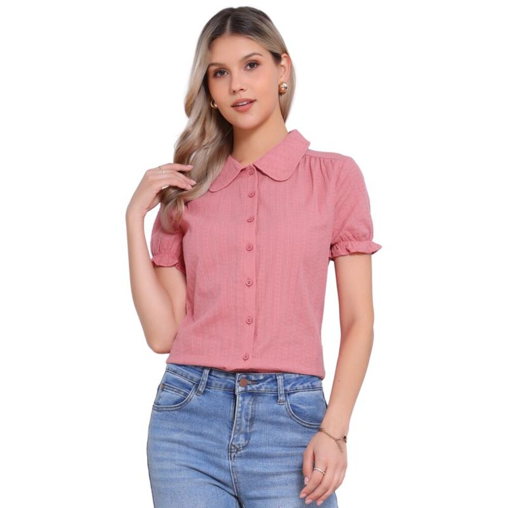 Cotton Frilled Top Turndown Collar Solid Blouse Shirt Dark Pink